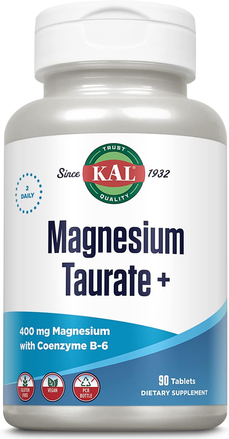 KAL Magnesium Taurate 400mg Plus CoEnzyme Vitamin B6, Chelated Magnesium Supplement, Healthy Muscle Function, Nerve and