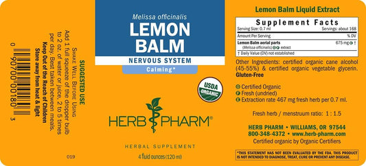 Herb Pharm Certified Organic Lemon Balm Liquid Extract for Calming Ner