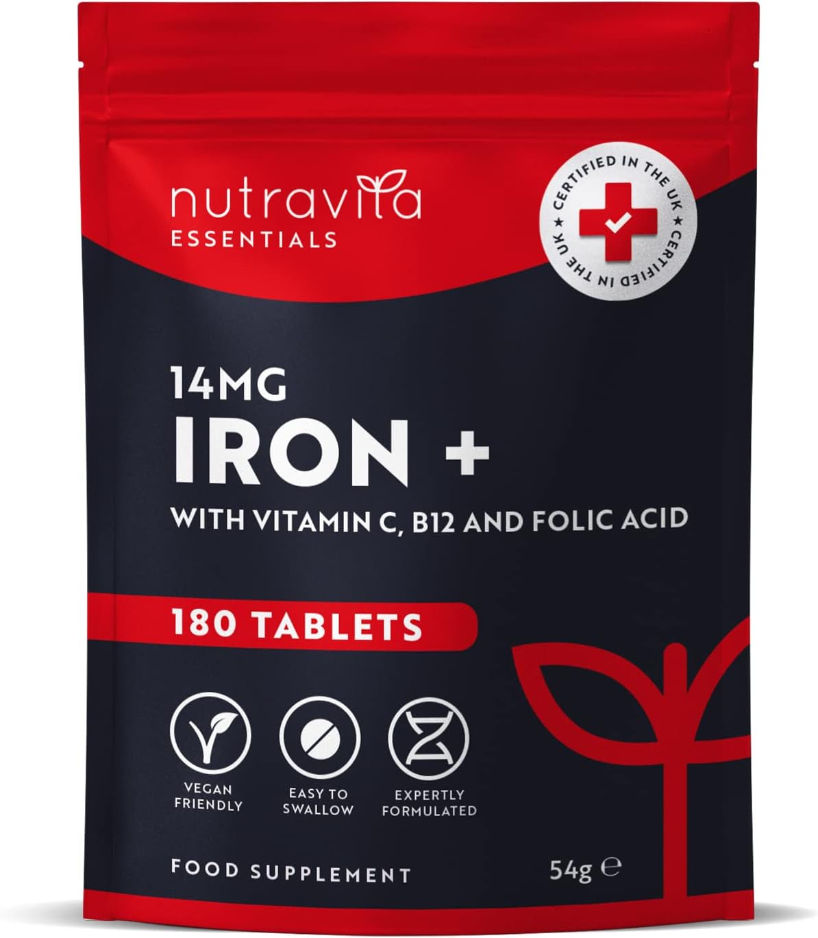 Iron Tablets High Strength 14mg ? 180 Vegan Iron Tablets, 6 Month Supp9 Grams