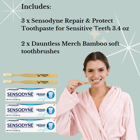 Sensitive Toothpaste, Bamboo Toothbrushes Set, Includes 3.4  Mint (Pack of 3), Dauntless Merch Bamboo Soft Toothbrush (Pack of 2)