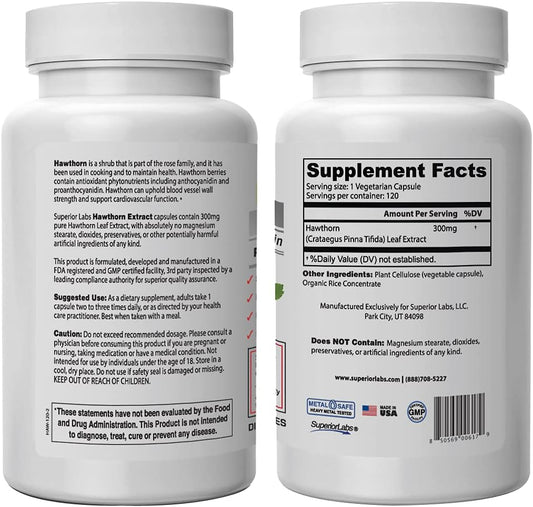 Superior Labs ? Best Hawthorn Vitamin Supplement NonGMO, Non Synthetic ? 300 mg Dosage, 120 Vegetable Capsules ? Powerfu