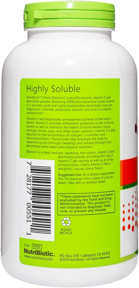NutriBiotic - Cherry Electro-C Vitamin C & Electrolyte Powder, 1 | 850 Mg Vitamin C Per Serving | Effervescent Electrolyte Recharge | Buffered & Highly Soluble | Non-GMO & Gluten Free