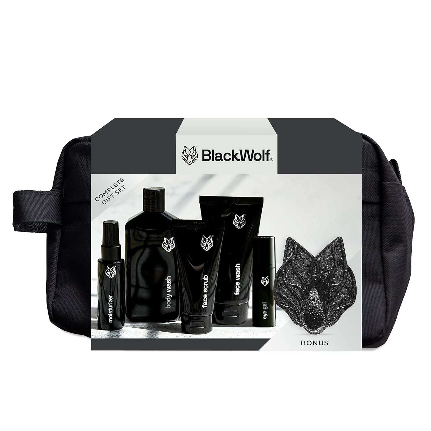Black Wolf 7pc Gift Set for Oily Skin- Includes Our Men's Face Wash, Face Scrub, Body Wash, Moisturizer, Eye Gel, Scrubber and Toiletry Bag- Charcoal Powder and Salicylic Acid Reduce Acne Breakouts