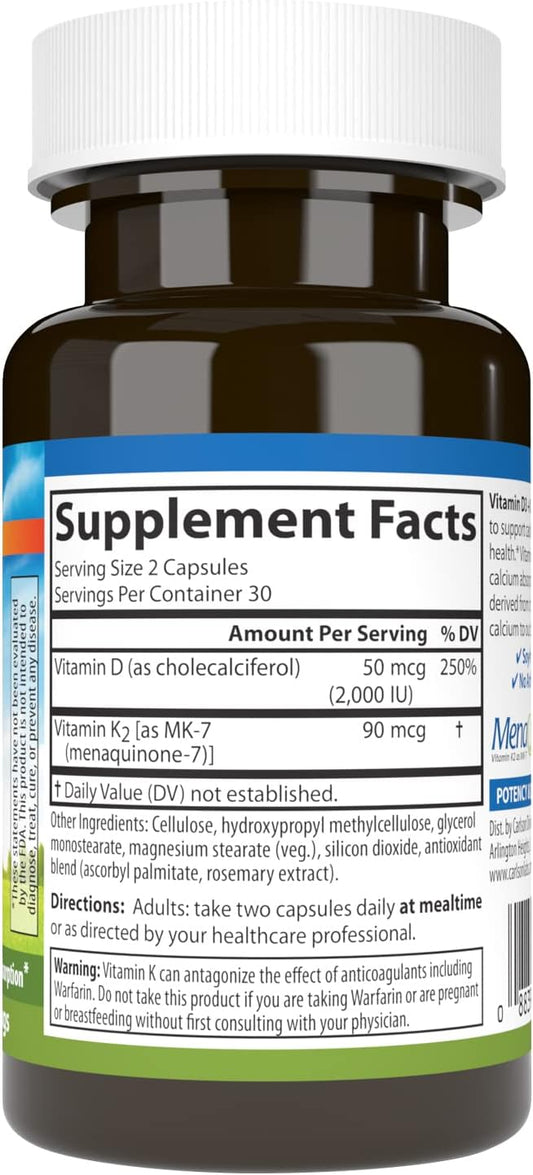 Carlson - Vitamin D3 + K2, 50 mcg (2000 IU) Vitamin D3 & 90 mcg Vitamin K2 as MK7, Bone Support, Calcium Absorption, 60 Capsules