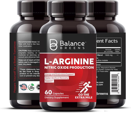 L-Arginine Nitric Oxide Booster 60 Capsules - Powerful Workout Supplement for Muscle Building, Endurance, Vascularity, E