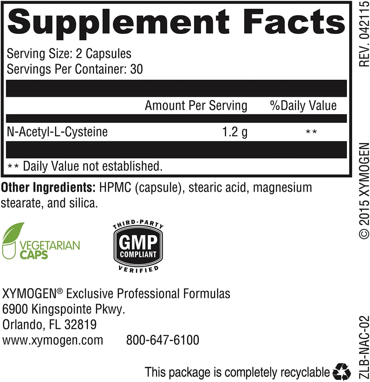 XYMOGEN NAC N-Acetyl-Cysteine 600mg - Cardiovascular, Antioxidant, Liv