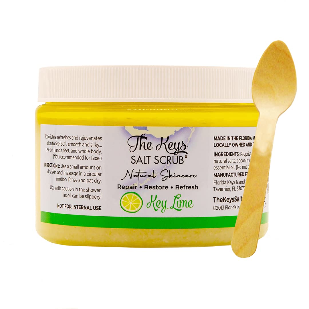 The Keys body Scrub - Made with Pure orida Sea Salt Organic Essential Oils & Nutrients - Exfoliating Body Scrub with Wooden Spoon, scrub for feet, hands, and body (Key Lime, 12 )