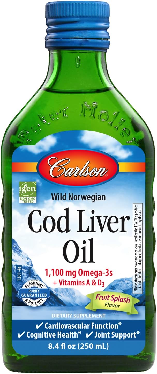 Carlson - Cod Liver Oil, Omega-3s EPA & DHA, Heart, Brain, Vision & Joint Health, Norwegian, Fruit Splash, 250 ml