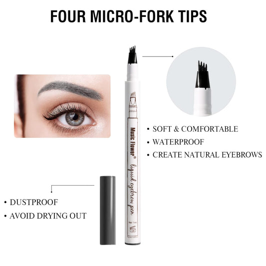 Music ower Eyebrow Pen, Liquid Eyebrow Pen, Waterproof Brow Pencil with Micro-Fork Tip, Smudgeproof Long Lasting Fine Sketch Microblading Pen, Dark grey