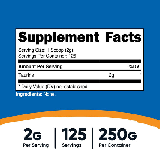 Nutricost Taurine Powder 250 Grams - 125 Servings, 2000mg Per Serving1