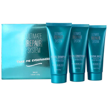 Ultimate Hair Repair System Travel Kit - Rejuvenates Dry Damaged Hair and Color Treated Hair, Infused with Keratin & Biotin (Shampoo, Conditioner & Mask) by Hair Bar NYC Set of 3 1.7oz 50ml