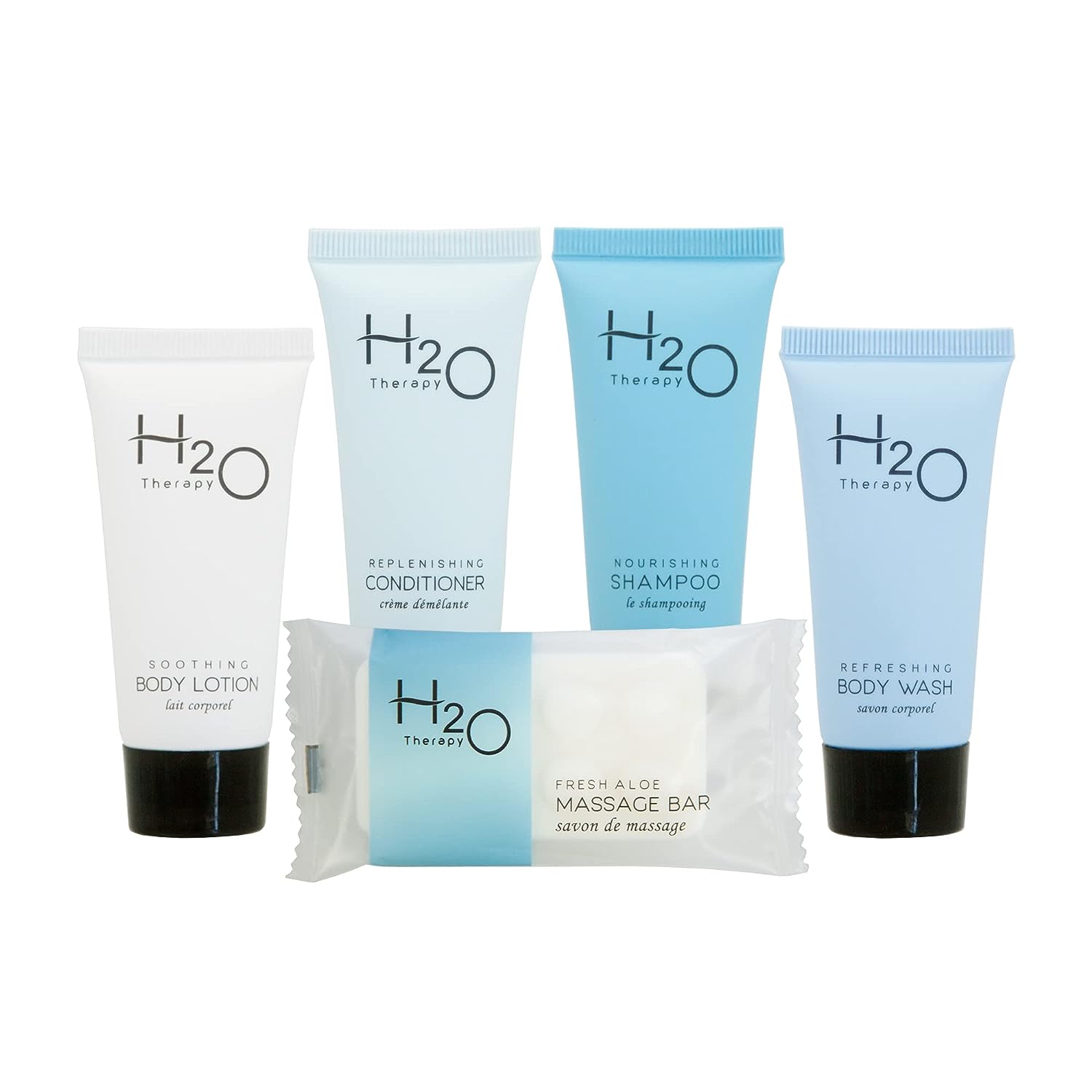 H2O Therapy Hotel Soaps and Toiletries Bulk Set | 1-Shoppe All-In-Kit Amenities for Hotels & Airbnb | .85 Hotel Shampoo & Conditioner, Body Wash, Body Lotion & 1  Bar Soap Travel Size | 75 Pieces