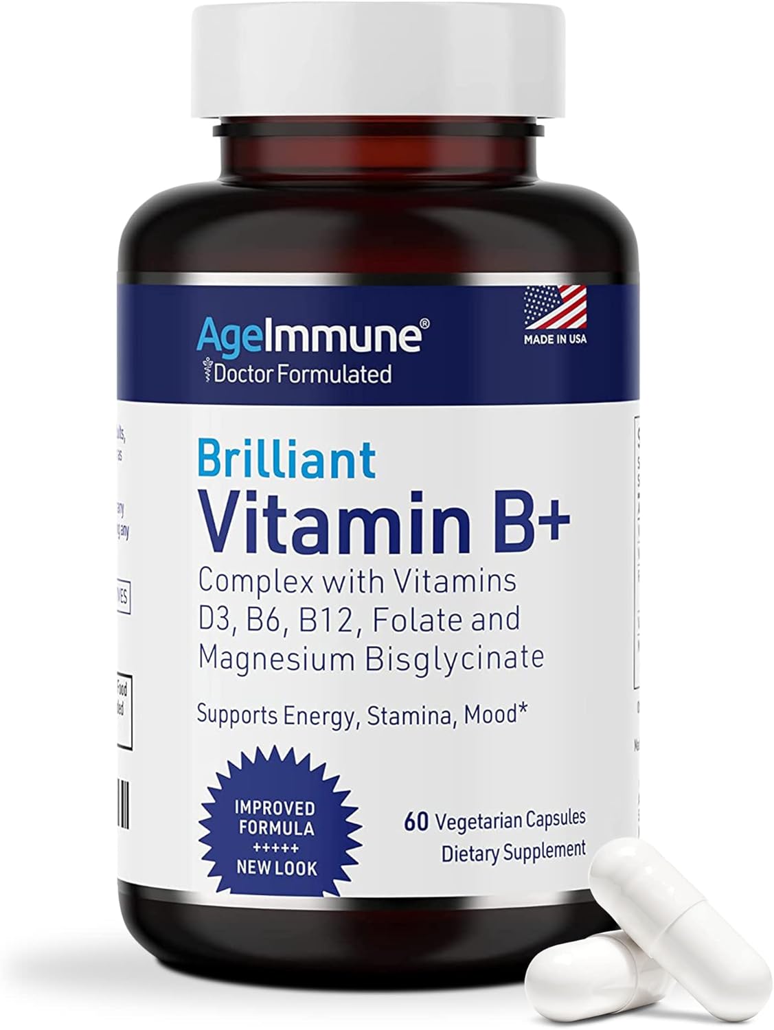 Vitamin B Complex with Vitamins B6 20mg, D3 1000IU, Albion Magnesium Bisglycinate 260mg, Methyl B12 1000mcg, and Folate