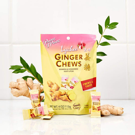 Prince of Peace Ginger Chews with Lychee, 4 oz. – Candied Ginger – Lychee Flavored Candy – Lychee Ginger Chews