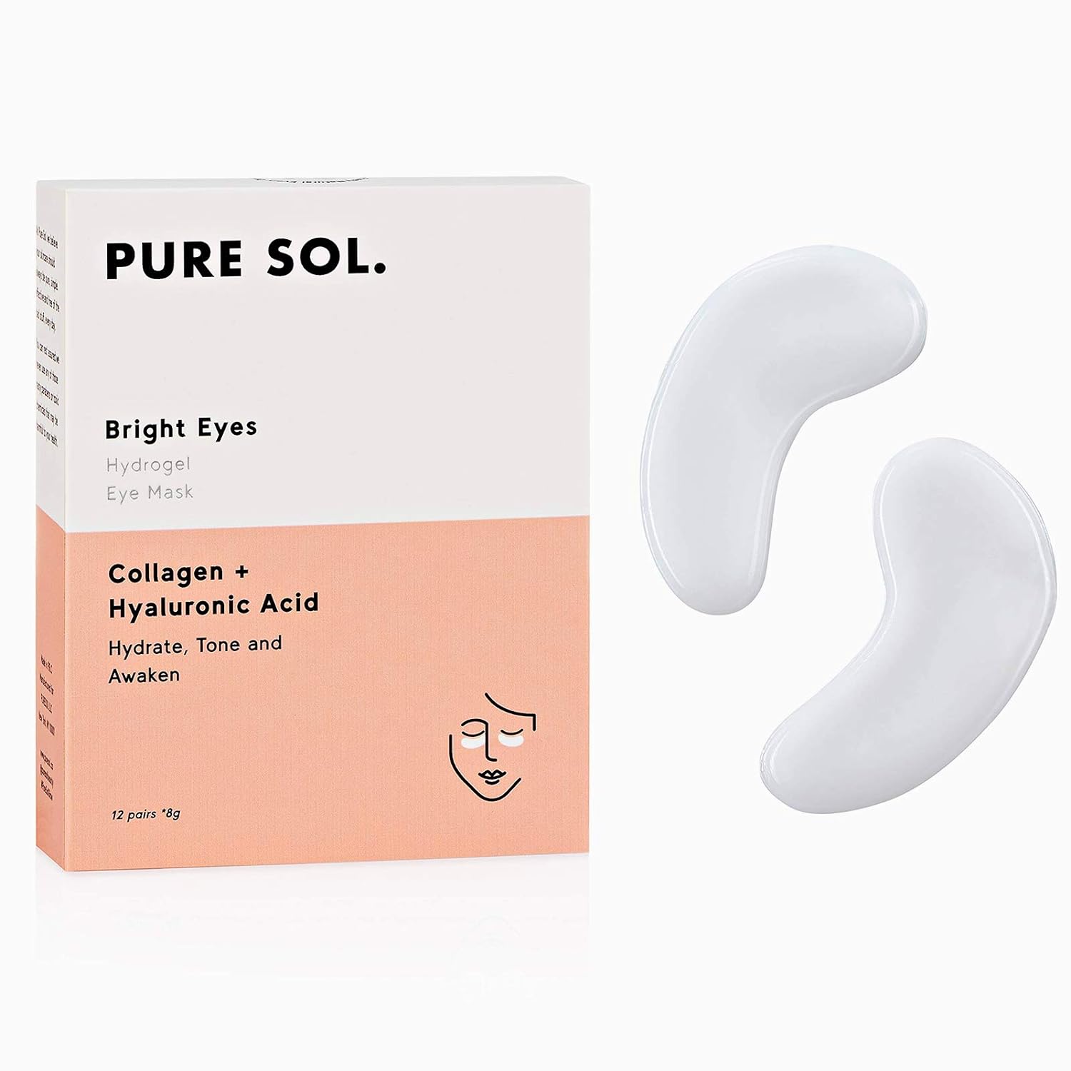 pureSOL PURE SOL. Hydrogel Collagen Eye Mask with Hyaluronic Acid, Grape Seed Extract, Hydrate, Tone and Awaken (12 pairs)