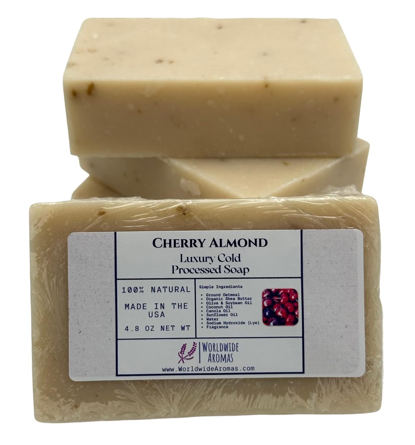 Worldwide Aromas Cherry and Almond Handmade Soap Bar with Exfoliating Ground Oatmeal and Nourishing Oils Ideal for Body, Hand, and Face - Sulfate and Paraben-Free, Cold Processed Soap