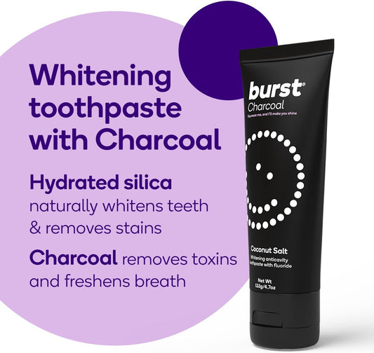 BURST Charcoal Toothpaste - Whitening Toothpaste - Sensitive Toothpaste - Cavity Fighting uoride, Xylitol Toothpaste, Vegan, Gluten Free, SLS Free Toothpaste - Coconut Salt, 4.7 (2 Pack)