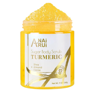 ANAiRUi Turmeric Body Scrub, Glow Face Scrub, Real Sugar Scrub for Body & Face Hyperpigmentation Dark Spots, Exfoliating, Moisturizing & Glowing Scrub, Sweet Orange Scent, 9