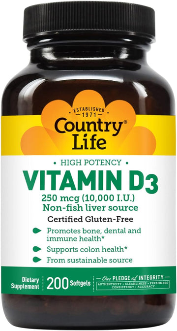 Country Life Vitamin D3, High Potency, Non-Fish, 10,000 Iu, 200 Softge