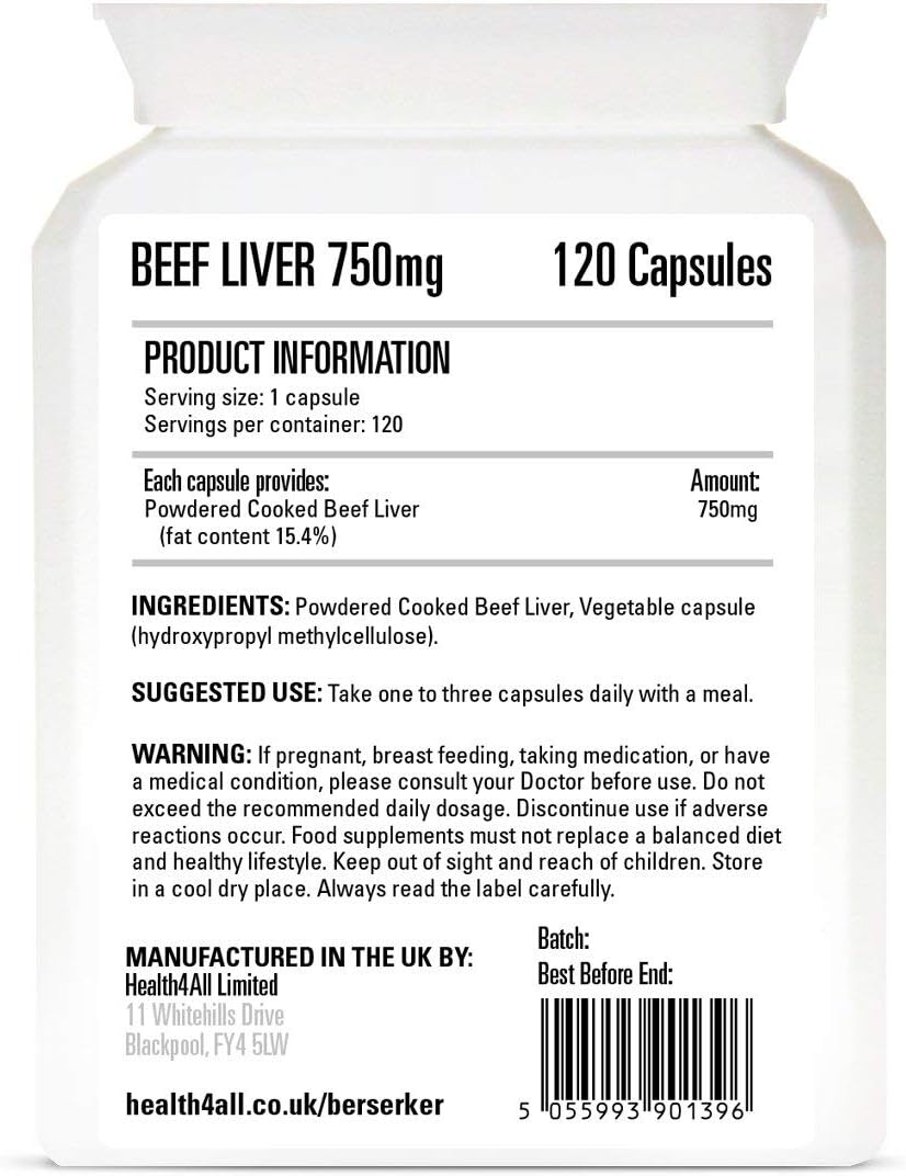 Berserker Desiccated Beef Liver 750mg 120 Capsules Un-defatted Meaning