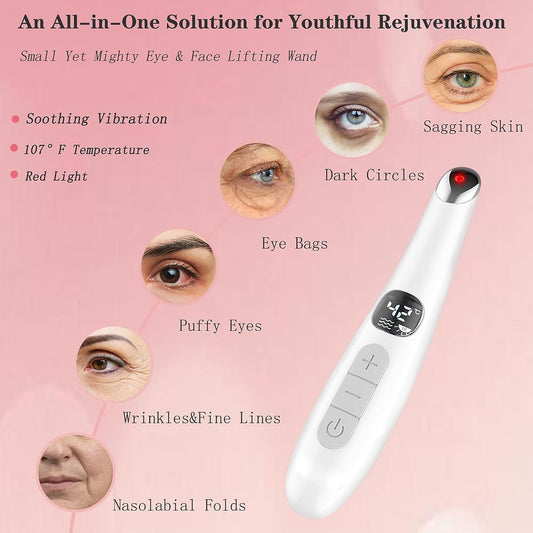 Eye Lift Wand, 3 in 1 Vibrating Red Light 98°F to 113°F LCD Display Eye Massager for Dry Eyes, Dark Circles and Puffiness, Vowleike Electrical Face, Neck Sculpting Pen for Fine Lines and Wrinkles
