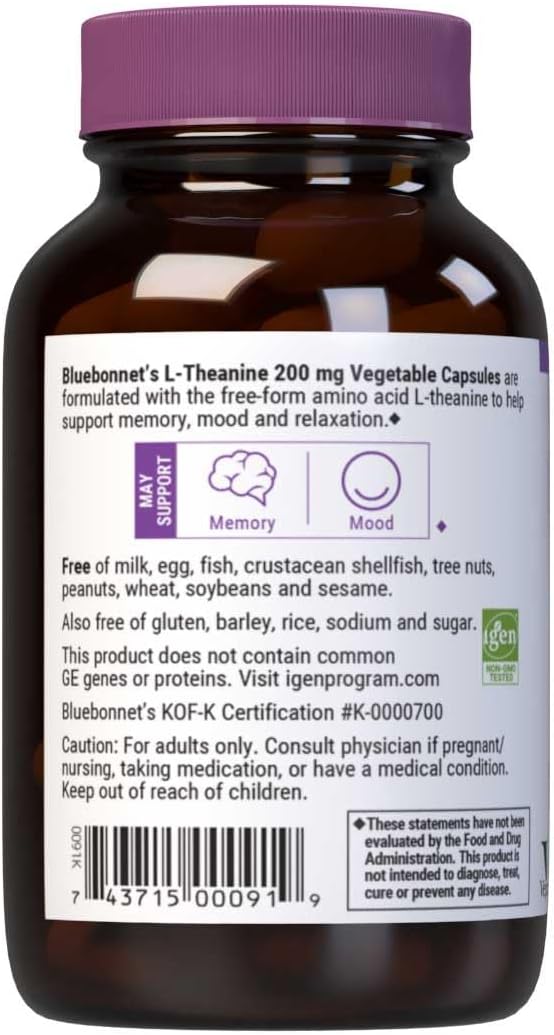 Bluebonnet Nutrition L-Theanine 200mg, Free-Form Amino Acid, Promotes 