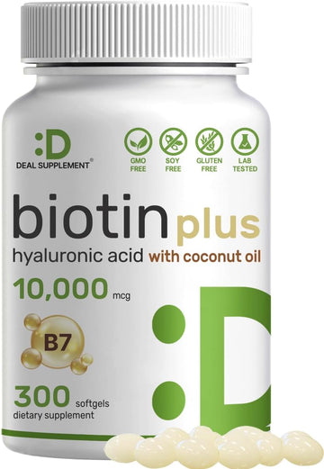 Biotin 10000mcg Plus Hyaluronic Acid 25mg with Coconut Oil, 300 Softgels, Bioavailable Biotin (Vitamin B7) Supplement, P