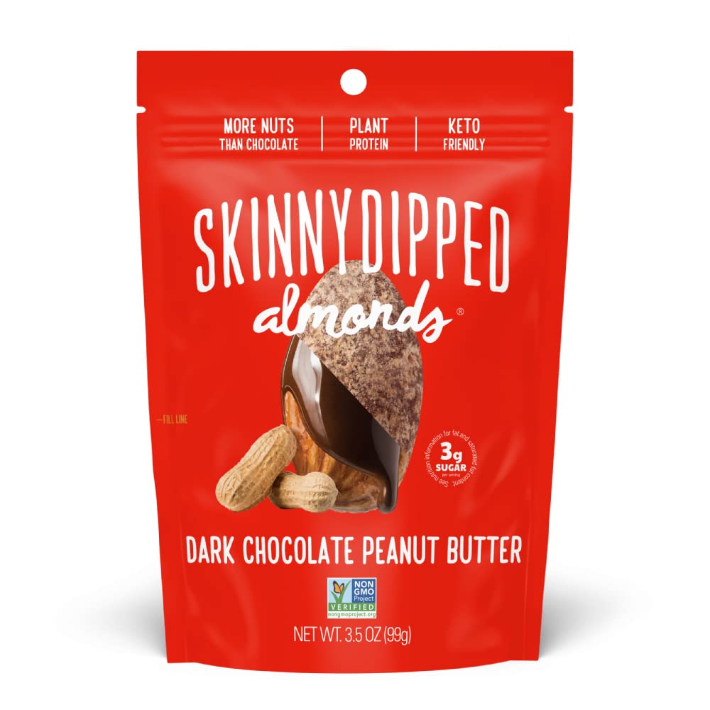 SkinnyDipped Dark Chocolate Peanut Butter Almonds, Healthy Snack, Plant Protein, Gluten Free, 3.5 oz Resealable Bags, (P