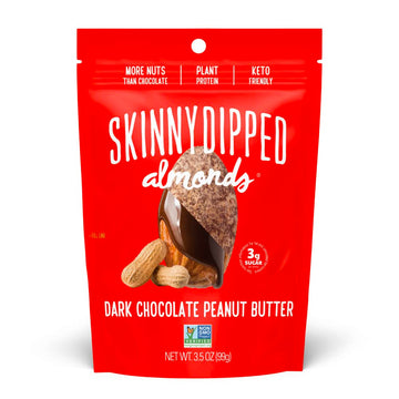 SkinnyDipped Dark Chocolate Peanut Butter Almonds, Healthy Snack, Plant Protein, Gluten Free, 3.5 oz Resealable Bags, (P