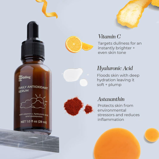 The Earthling Co. Antioxidant Serum for Daily Use - Brightens, Evens Skin Tone and Reduces Dark Spots with Vitamin C and Hyaluronic Acid - Gentle Hydrating Serum for Sensitive Skin, 1.0