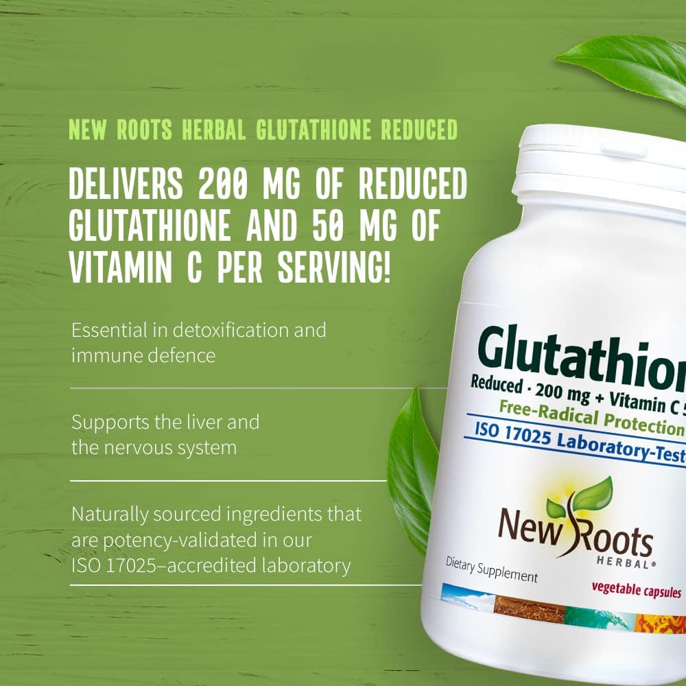 NEW ROOTS HERBAL Glutathione Supplement, 200 mg Reduced + Vitamin C (6