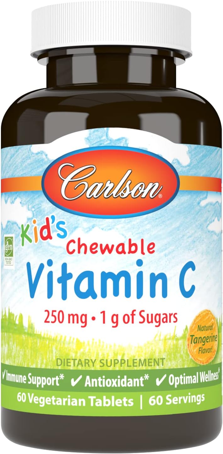 Carlson - Kid's Chewable Vitamin C, 250 mg, 1 g of Sugars, Immune Support & Optimal Wellness, Antioxidant, Tangerine, 60 Vegetarian Tablets