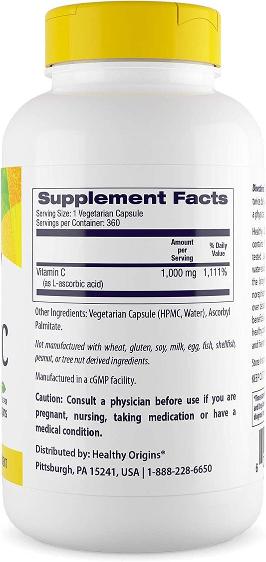 Healthy Origins Vitamin C (Non-GMO), 1,000 mg - Vegan Vitamin C - Ascorbic Acid for Immune Support - Supports Cell Function - Vegan, Gluten-Free & Non-GMO Supplement - 360 Veggie Capsules