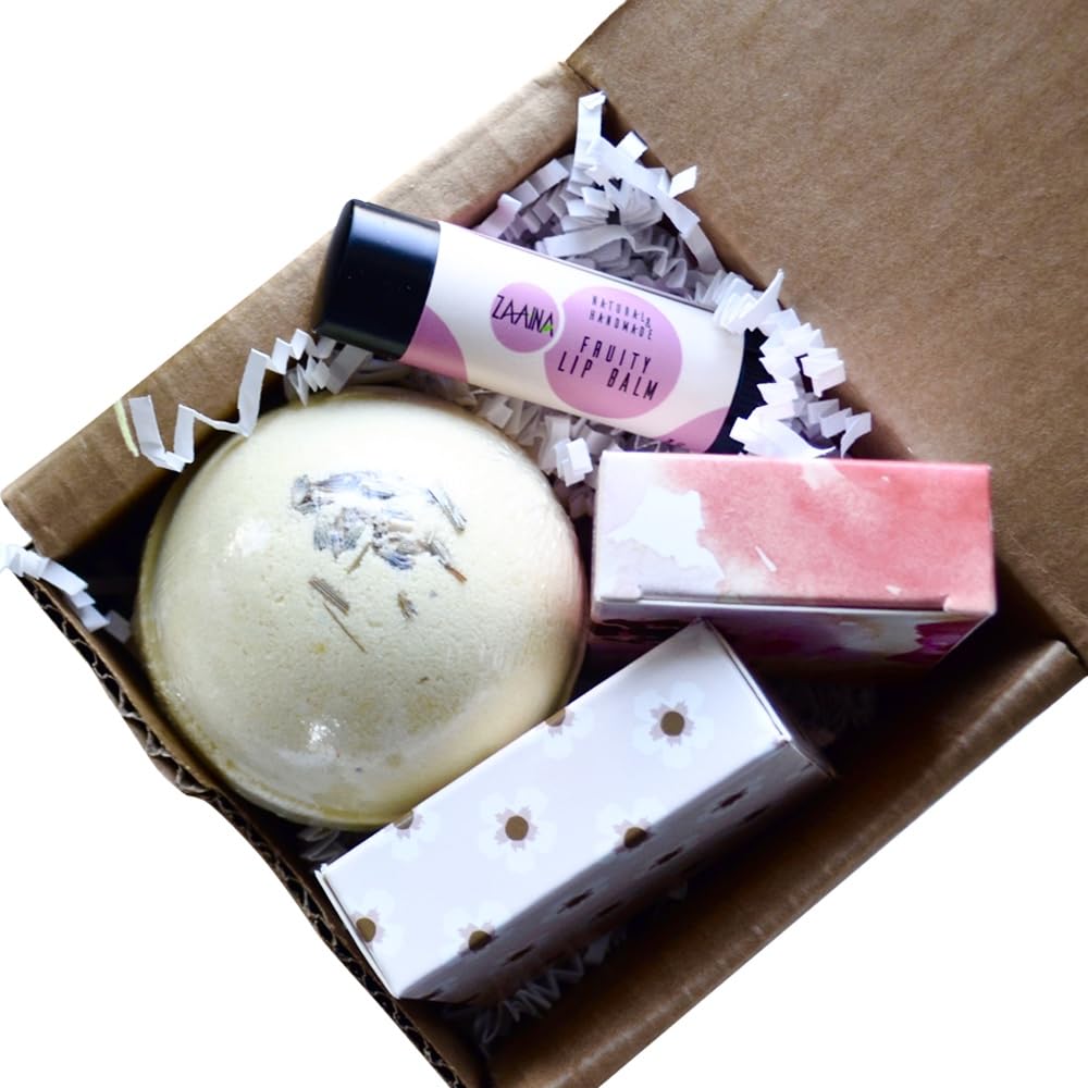 ZAAINA Self Care Package Spa Gift Set, with Deluxe Aromatherapy Bath Bomb, Travel Soaps and Lip Balm, Unique, Relaxing Gift for Her