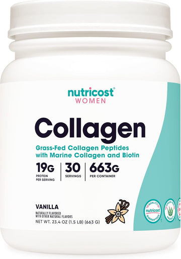 Nutricost Collagen for Women 30 Servings (Vanilla) Grass-Fed Collagen Peptides with Marine Collagen and Biotin - Non-GMO & Gluten Free