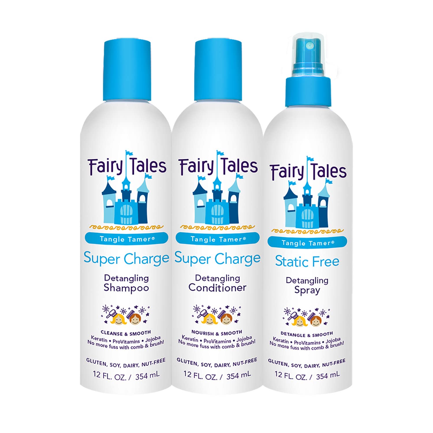 Fairy Tales Tangle Tamer Detangling Shampoo and Conditioner for Kids plus Detangling Spray - Ultra Moisturizing and Anti Frizz Protection - Paraben Free, Sulfate Free - 12  Each Bottle - 3 pack