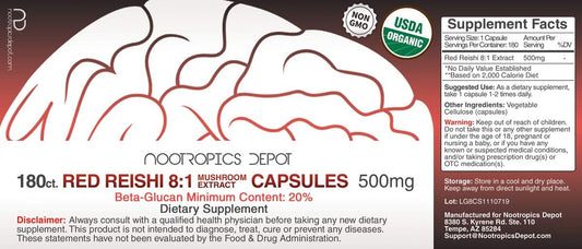 Nootropics Depot Red Reishi Mushroom Capsules | 8:1 Whole Fruiting Bod