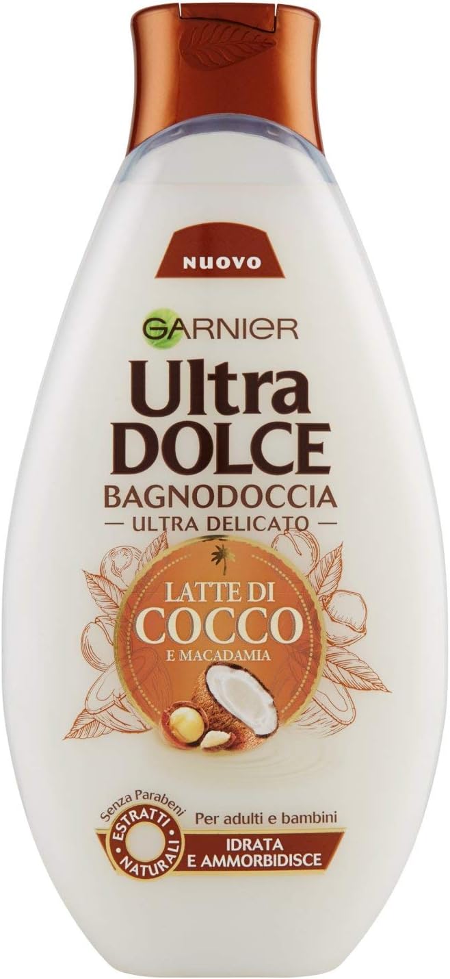 Garnier:"Ultra Dolce" ("Super Sweet") Softening Body Wash, with Coconut Oil and Macadamia Nut - 16.9 uid s (500ml) Bottle [ Italian Import ]