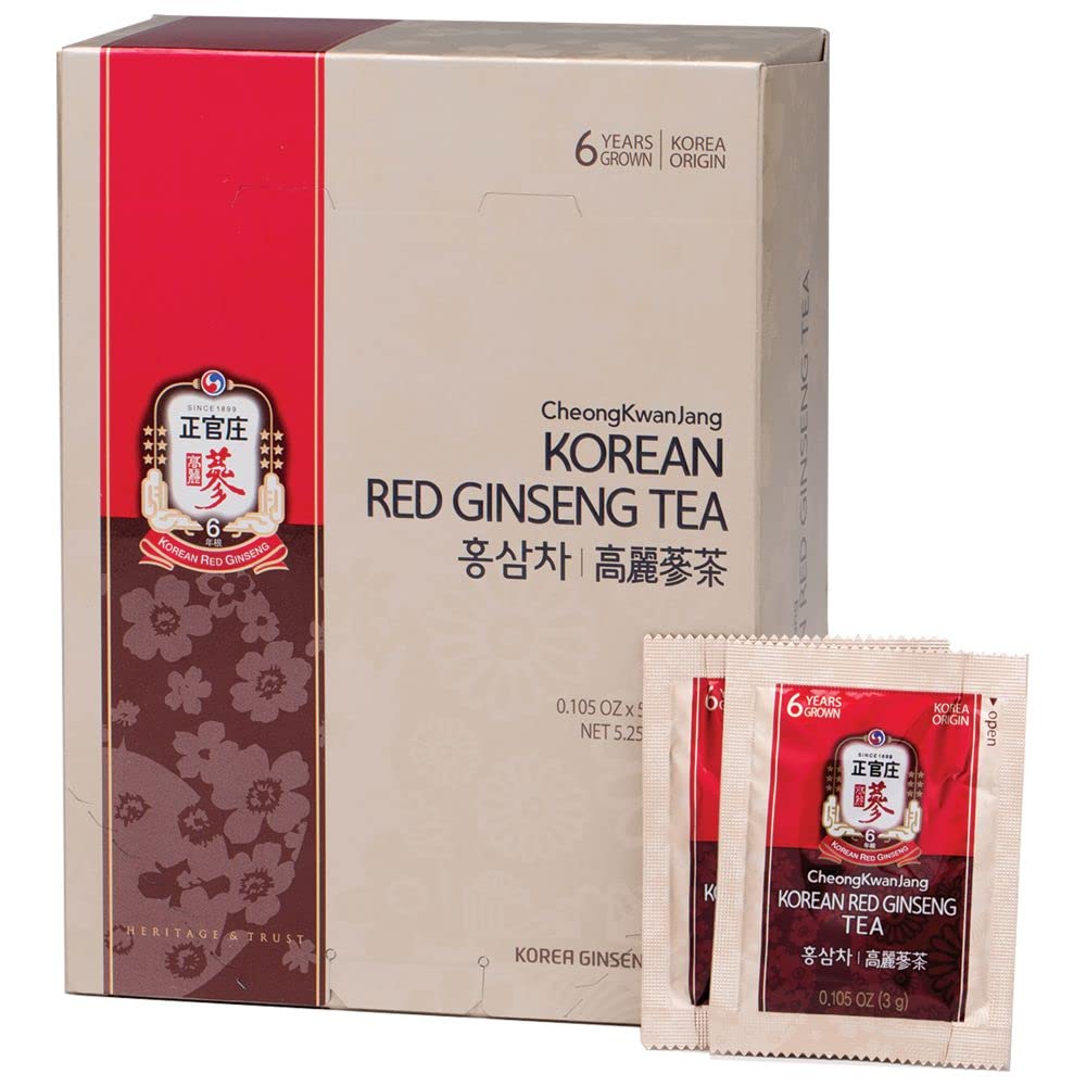Cheongkwanjang [Korean Red Ginseng Tea Set] Korean Food Gifts, Coffee Alternative, Natual Energy, Authentic Premium 6 Year Old Korea Panax Ginseng Roots, Relaxing Herbal Antioxidant Tea - 50 Packets