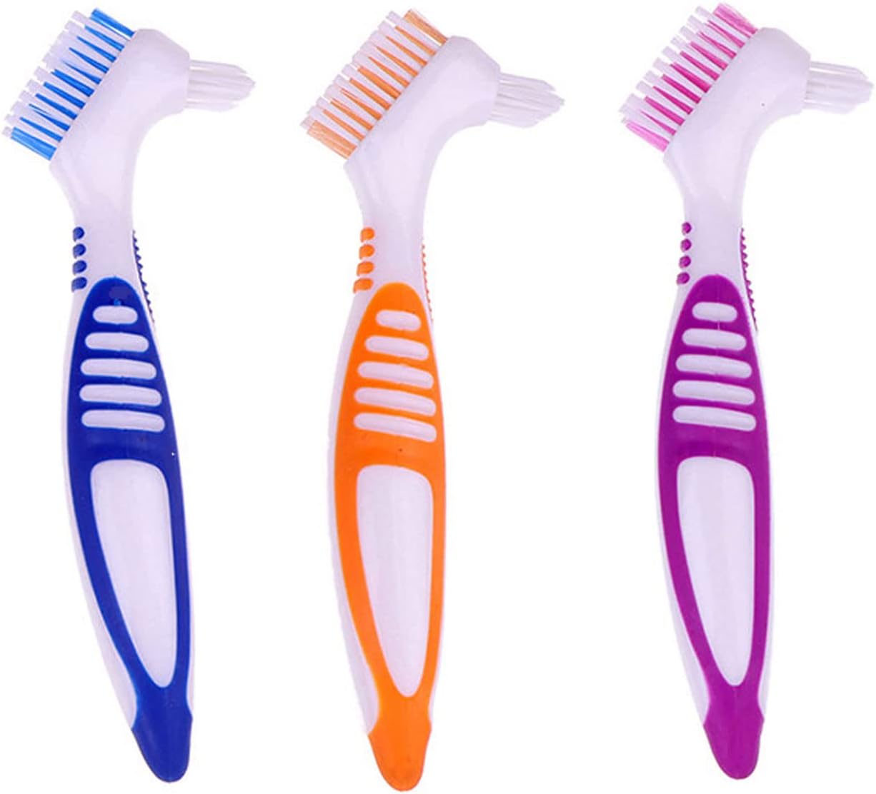 EvaGO 3 Pcs Denture Cleaning Brush with Multi-Layered Bristles and Ergonomic Rubber Handle Portable Denture Brush Double Sided Brush for False Teeth Cleaning (Blue, Purple, Orange)