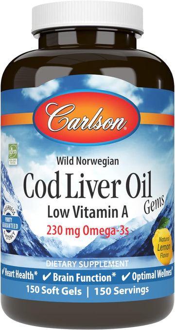 Carlson - Cod Liver Oil Gems, Low Vitamin A, 230 mg Omega-3s, Norwegian, Wild Caught, Sustainably Sourced, 150 Softgels