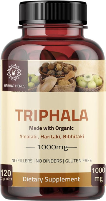 Hebhac herbs Triphala Capsules Organic 120 Capsules 1000mg, Colon Cleanser & Detoxifier Immune Support Supplement, USDA