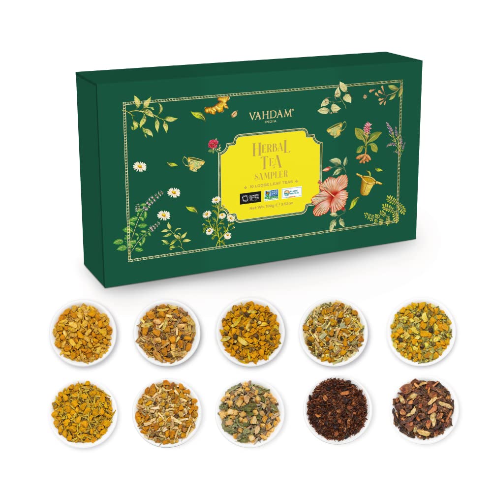 VAHDAM, Herbal Tea Sampler - 10 Teas | Caffeine Free, Gluten-Free, Whole Loose Leaf Teas - Assorted Herbal Tea Variety Pack | Premium Gift Box, Herbal Tea Gift Set