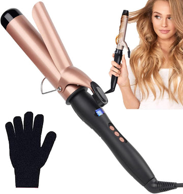Curling Iron, Hair Curling Iron Curling Wand Set with Gloves, 38mm Instant Heat Up Hair Curler with LCD Display,Temperature Adjustment, Auto Shut Off, Dual Voltage, Rose Gold