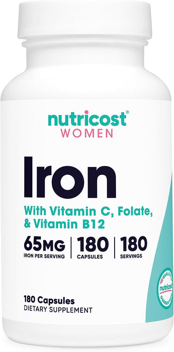 Nutricost Iron for Women 65mg, 180 Capsules, with Vitamin C, Folate, & Vitamin B12 - Vegetarian Friendly, Non-GMO, Gluten Free