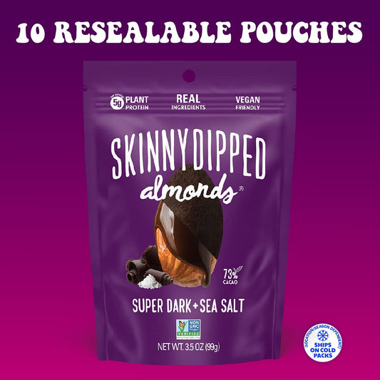 SkinnyDipped Super Dark Chocolate + Sea Salt Almonds, Vegan, Healthy Snack, Plant Protein, Gluten Free, 3.5 oz Resealabl