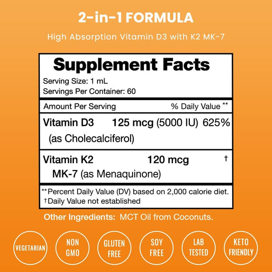 Vitamin D3 K2 Drops | Liquid Vitamin D3 5000 IU & K2 D3 with MK7 | Vit