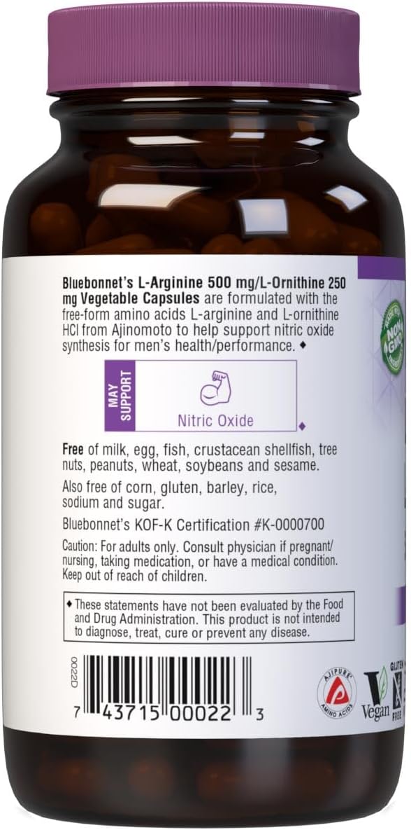 Bluebonnet Nutrition L-Arginine 500mg/L-Orinithine 250mg, Supports Pro