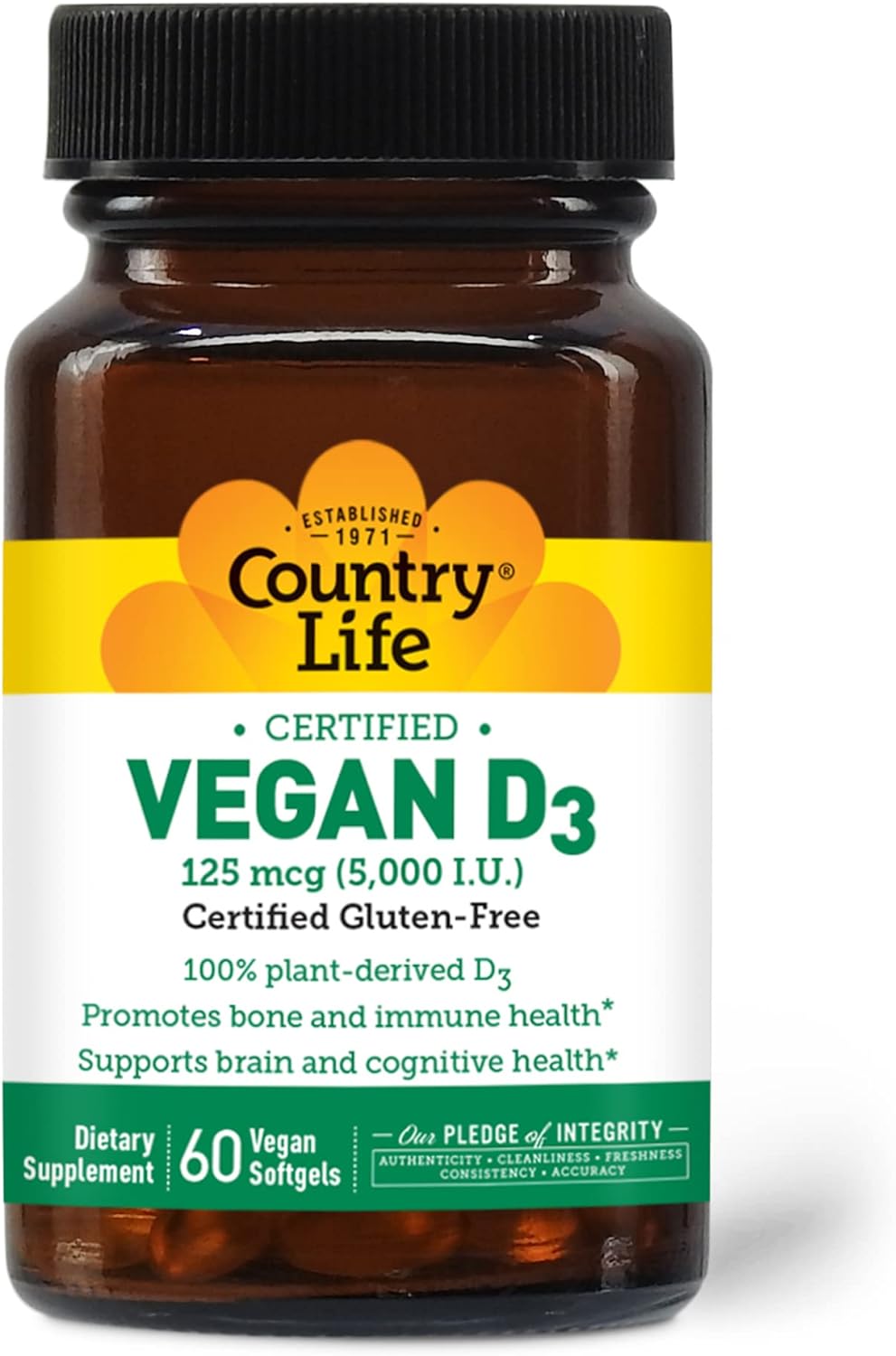 Country Life Vegan D3 5000 Iu, 60 Softgels, Certified Gluten Free, Cer