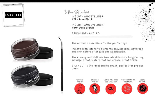 The Beauty Box INGLOT Eyeliner Bundle - AMC Eyeliner Gel 90, AMC Eyeliner Gel 77 and Brush 30T (3-piece)